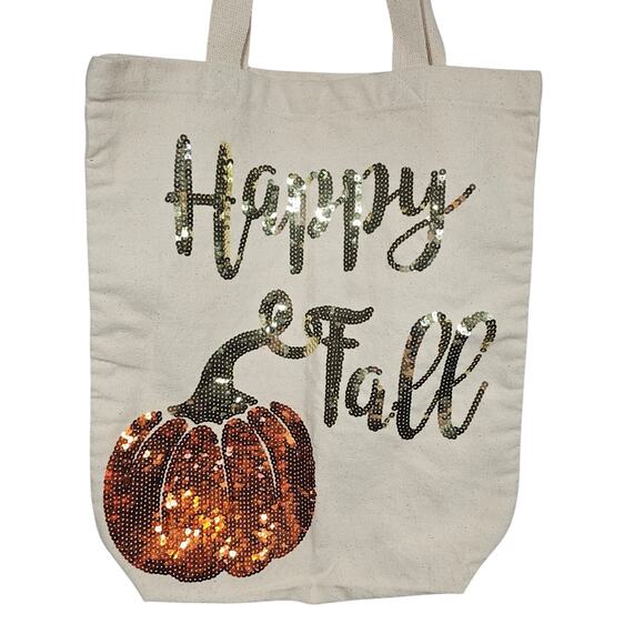 Mudpie NWT Happy Fall Pumpkin Sequined 13" x 16" Tote Bag - Picture 2 of 7